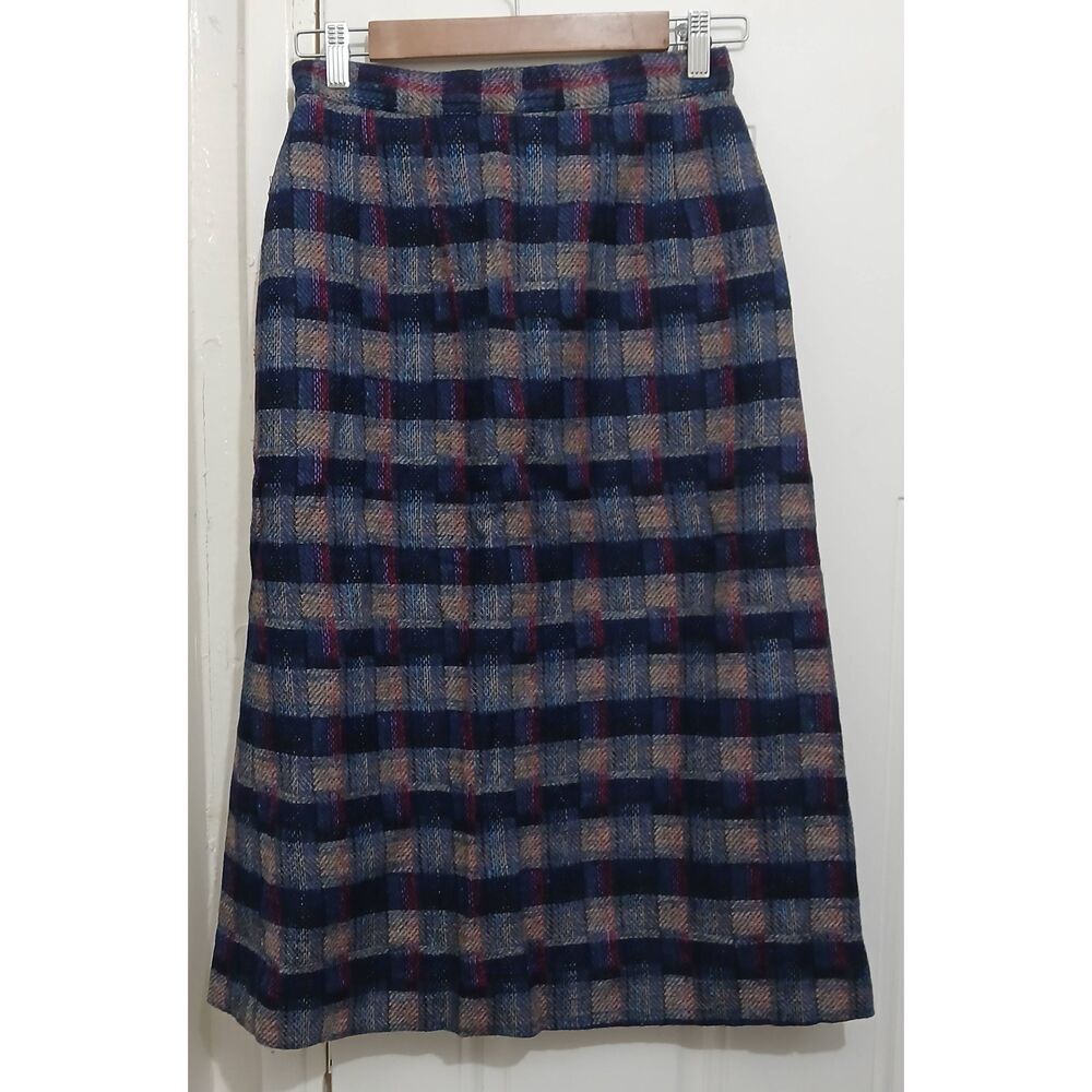 Braemar vintage womens small midi long skirt 100% wool made usa red blue plaid